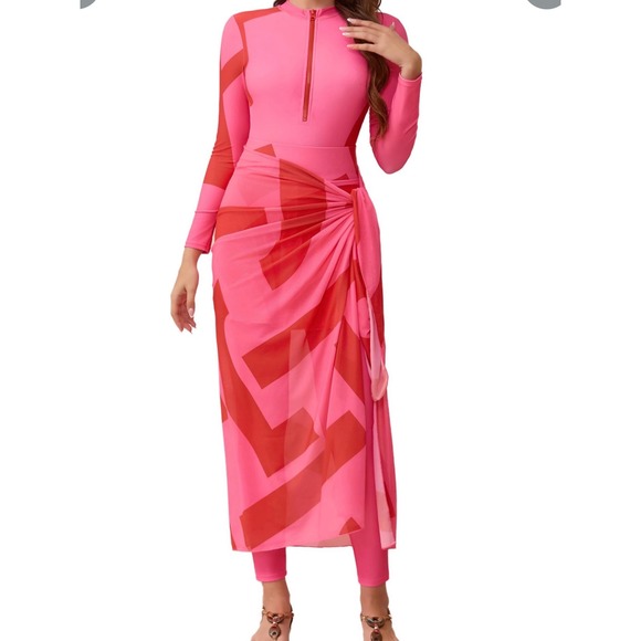 IKADEX Other - Large Burkini Modest Swimsuit Women 4 Piece Set Pink Red Excellent Geometric